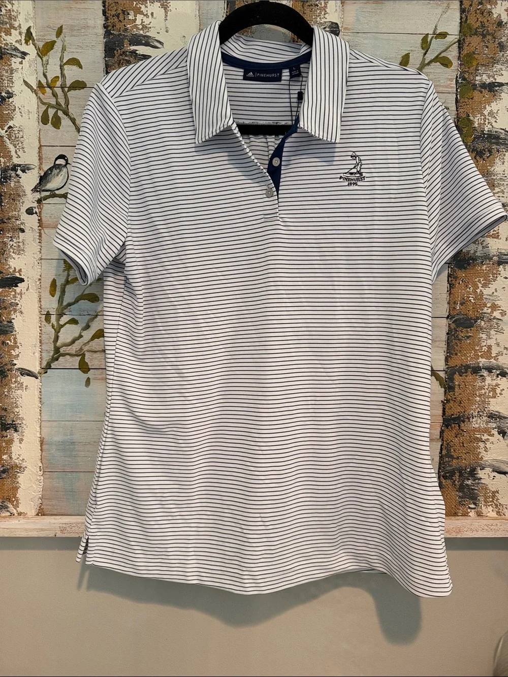adidas Pinehurst Golf White and Navy Striped Short Sleeve Polo